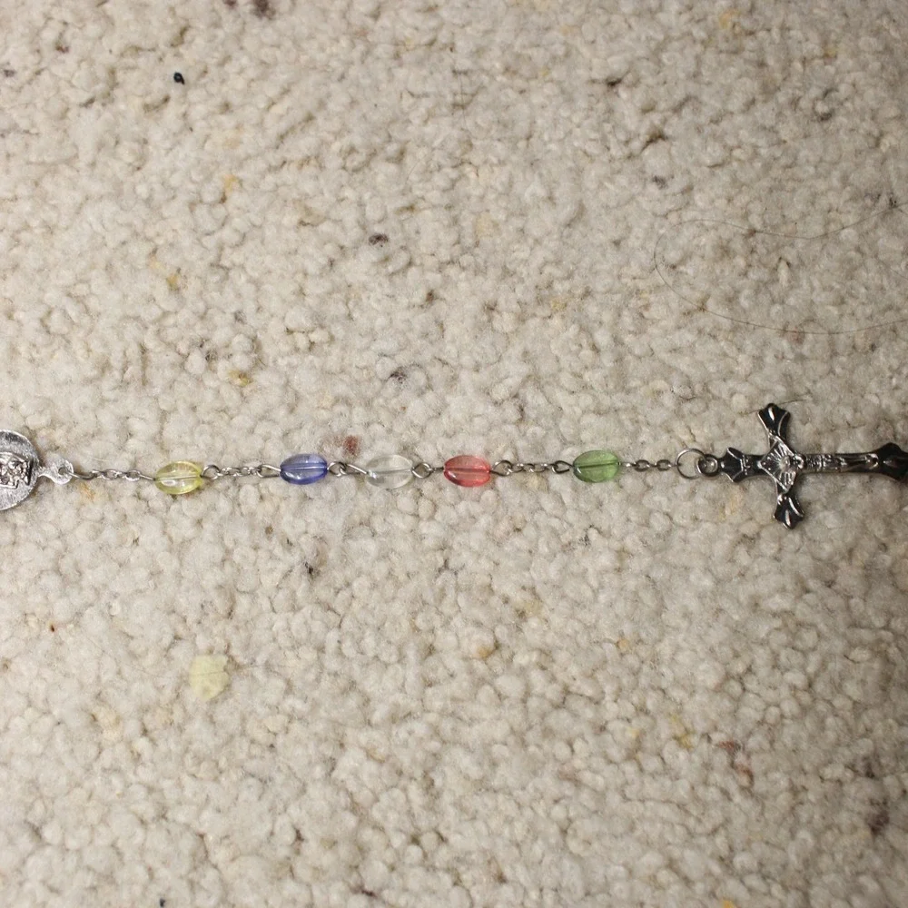 Catholic Rosary Necklace Multicolor Glass Bead Crucifix Virgin Mary Medal 23in